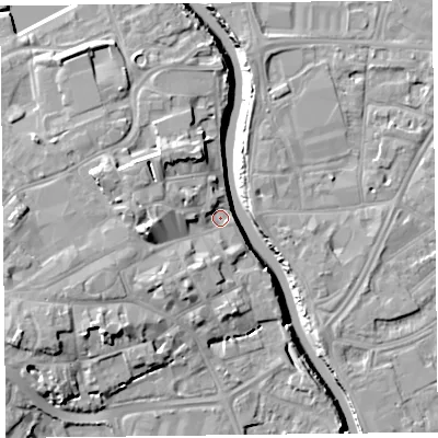 Shaded relief map of the ground around TA63NF, computed from Environment Agency LiDAR. The ground here sits at about 8 m above sea level and falls 13 m across the surrounding 800 m. Surface water reaching this point runs off ground lying to the west-south-west, 7.1 m higher.