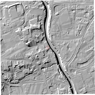 Shaded relief map of the ground around TA63NJ, computed from Environment Agency LiDAR. The ground here sits at about 8 m above sea level and falls 13 m across the surrounding 800 m. Surface water reaching this point runs off ground lying to the south-west, 1.3 m higher.