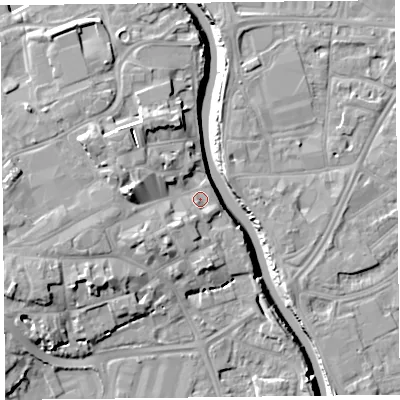 Shaded relief map of the ground around TA63NQ, computed from Environment Agency LiDAR. The ground here sits at about 8 m above sea level and falls 13 m across the surrounding 800 m. Surface water reaching this point runs off ground lying to the south-west, 4.4 m higher.