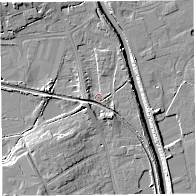 Shaded relief map of the ground around TA63NS, computed from Environment Agency LiDAR. The ground here sits at about 7 m above sea level and falls 13 m across the surrounding 800 m. Surface water reaching this point runs off ground lying to the south-east, 5.2 m higher.