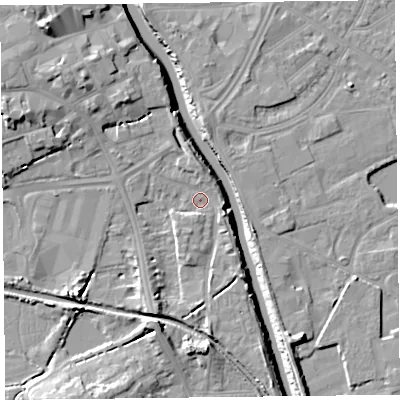 Shaded relief map of the ground around TA63NU, computed from Environment Agency LiDAR. The ground here sits at about 7 m above sea level and falls 13 m across the surrounding 800 m. Surface water reaching this point runs off ground lying to the south-south-west, 5.2 m higher.