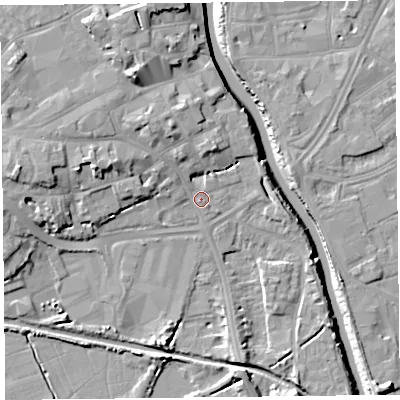 Shaded relief map of the ground around TA63NY, computed from Environment Agency LiDAR. The ground here sits at about 8 m above sea level and falls 13 m across the surrounding 800 m. Surface water reaching this point runs off ground lying to the north-north-west, 3.4 m higher.
