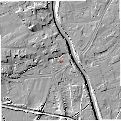 Shaded relief map of the ground around TA63NZ, computed from Environment Agency LiDAR. The ground here sits at about 7 m above sea level and falls 13 m across the surrounding 800 m. Surface water reaching this point runs off ground lying to the west-north-west, 6.3 m higher.