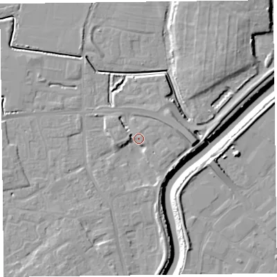 Shaded relief map of the ground around TA63PE, computed from Environment Agency LiDAR. The ground here sits at about 8 m above sea level and falls 11 m across the surrounding 800 m. Surface water reaching this point runs off ground lying to the east-south-east, 3.6 m higher.