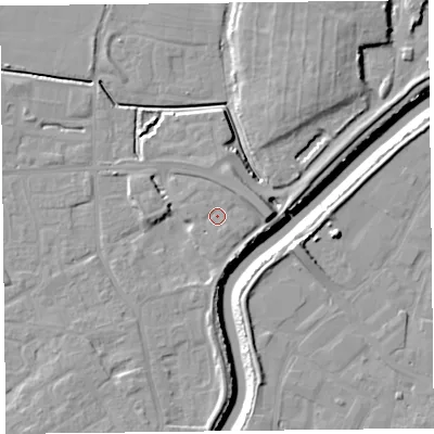 Shaded relief map of the ground around TA63PP, computed from Environment Agency LiDAR. The ground here sits at about 8 m above sea level and falls 11 m across the surrounding 800 m. Surface water reaching this point runs off ground lying to the south-east, 1.1 m higher.