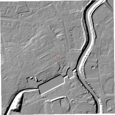 Shaded relief map of the ground around TA63QH, computed from Environment Agency LiDAR. The ground here sits at about 8 m above sea level and falls 18 m across the surrounding 800 m. Surface water reaching this point runs off ground lying to the south-west, 2.5 m higher.