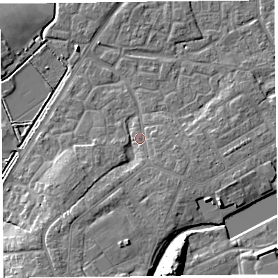 Shaded relief map of the ground around TA63QJ, computed from Environment Agency LiDAR. The ground here sits at about 8 m above sea level and falls 15 m across the surrounding 800 m. Surface water reaching this point runs off ground lying to the south-south-west, 5.4 m higher.