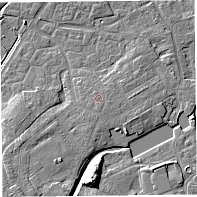 Shaded relief map of the ground around TA63QL, computed from Environment Agency LiDAR. The ground here sits at about 10 m above sea level and falls 18 m across the surrounding 800 m. Surface water reaching this point runs off ground lying to the south-south-east, 0.9 m higher.