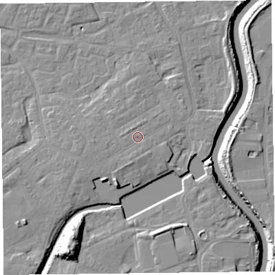 Shaded relief map of the ground around TA63QQ, computed from Environment Agency LiDAR. The ground here sits at about 9 m above sea level and falls 18 m across the surrounding 800 m. Surface water reaching this point runs off ground lying to the south-south-west, 1.4 m higher.