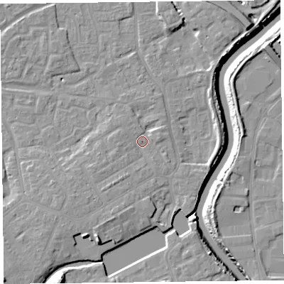 Shaded relief map of the ground around TA63QR, computed from Environment Agency LiDAR. The ground here sits at about 7 m above sea level and falls 13 m across the surrounding 800 m. Surface water reaching this point runs off ground lying to the south-west, 3.2 m higher.