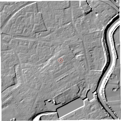 Shaded relief map of the ground around TA63QS, computed from Environment Agency LiDAR. The ground here sits at about 9 m above sea level and falls 13 m across the surrounding 800 m. Surface water reaching this point runs off ground lying to the south-south-west, 1.1 m higher.