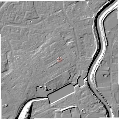 Shaded relief map of the ground around TA63QU, computed from Environment Agency LiDAR. The ground here sits at about 8 m above sea level and falls 18 m across the surrounding 800 m. Surface water reaching this point runs off ground lying to the south-west, 2.2 m higher.