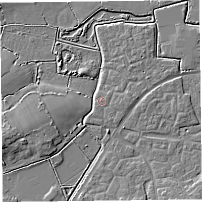 Shaded relief map of the ground around TA63QX, computed from Environment Agency LiDAR. The ground here sits at about 7 m above sea level and falls 7 m across the surrounding 800 m. Surface water reaching this point runs off ground lying to the east-south-east, 0.7 m higher.