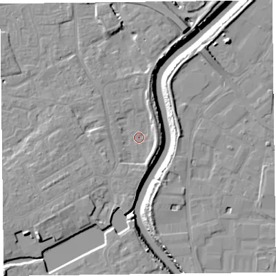 Shaded relief map of the ground around TA63QY, computed from Environment Agency LiDAR. The ground here sits at about 6 m above sea level and falls 12 m across the surrounding 800 m. Surface water reaching this point runs off ground lying to the south-west, 4.8 m higher.