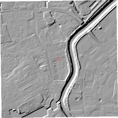 Shaded relief map of the ground around TA63QZ, computed from Environment Agency LiDAR. The ground here sits at about 6 m above sea level and falls 11 m across the surrounding 800 m. Surface water reaching this point runs off ground lying to the south-west, 4.8 m higher.