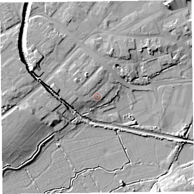Shaded relief map of the ground around TA63RF, computed from Environment Agency LiDAR. The ground here sits at about 12 m above sea level and falls 12 m across the surrounding 800 m. Surface water reaching this point runs off ground lying to the north-west, 2.0 m higher.