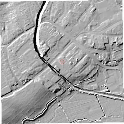 Shaded relief map of the ground around TA63RL, computed from Environment Agency LiDAR. The ground here sits at about 14 m above sea level and falls 12 m across the surrounding 800 m. The ground contributing surface water to this point lies to the east-south-east.