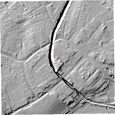 Shaded relief map of the ground around TA63RP, computed from Environment Agency LiDAR. The ground here sits at about 14 m above sea level and falls 16 m across the surrounding 800 m. Surface water reaching this point runs off ground lying to the west, 0.9 m higher.