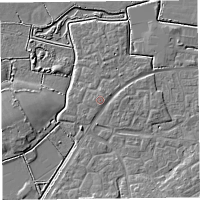 Shaded relief map of the ground around TA63RU, computed from Environment Agency LiDAR. The ground here sits at about 7 m above sea level and falls 6 m across the surrounding 800 m. The ground contributing surface water to this point lies to the south.
