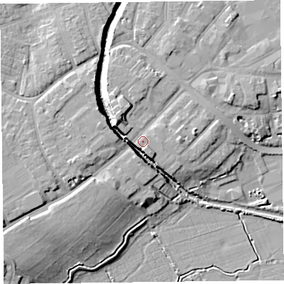 Shaded relief map of the ground around TA63RW, computed from Environment Agency LiDAR. The ground here sits at about 13 m above sea level and falls 14 m across the surrounding 800 m. Surface water reaching this point runs off ground lying to the west-south-west, 11.3 m higher.