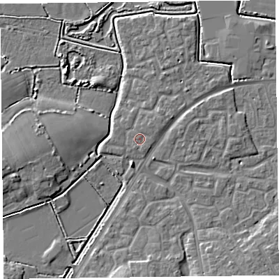 Shaded relief map of the ground around TA63RX, computed from Environment Agency LiDAR. The ground here sits at about 7 m above sea level and falls 6 m across the surrounding 800 m. Surface water reaching this point runs off ground lying to the north-east, 1.1 m higher.