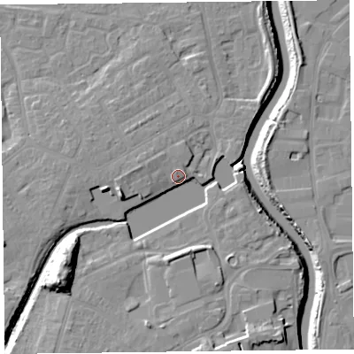 Shaded relief map of the ground around TA63RZ, computed from Environment Agency LiDAR. The ground here sits at about 9 m above sea level and falls 18 m across the surrounding 800 m. Surface water reaching this point runs off ground lying to the south-west, 13.7 m higher.