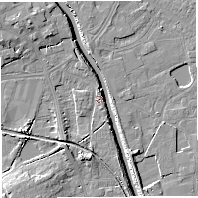 Shaded relief map of the ground around TA63SD, computed from Environment Agency LiDAR. The ground here sits at about 8 m above sea level and falls 11 m across the surrounding 800 m. Surface water reaching this point runs off ground lying to the south-west, 5.2 m higher.