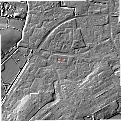 Shaded relief map of the ground around TA63SF, computed from Environment Agency LiDAR. The ground here sits at about 7 m above sea level and falls 8 m across the surrounding 800 m. Surface water reaching this point runs off ground lying to the east, 0.7 m higher.