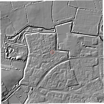 Shaded relief map of the ground around TA63SL, computed from Environment Agency LiDAR. The ground here sits at about 7 m above sea level and falls 6 m across the surrounding 800 m. Surface water reaching this point runs off ground lying to the north-north-west, 1.5 m higher.