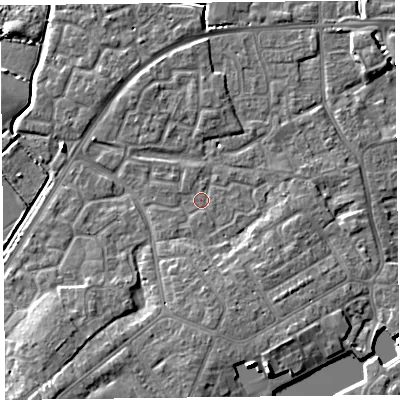 Shaded relief map of the ground around TA63SN, computed from Environment Agency LiDAR. The ground here sits at about 7 m above sea level and falls 10 m across the surrounding 800 m. Surface water reaching this point runs off ground lying to the south, 2.2 m higher.