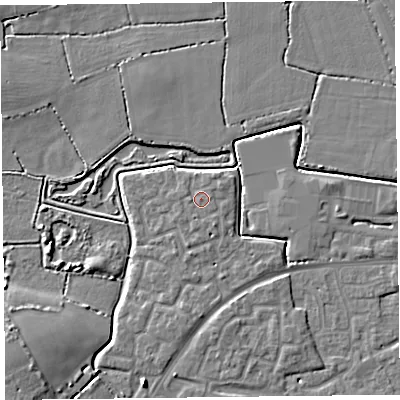 Shaded relief map of the ground around TA63SP, computed from Environment Agency LiDAR. The ground here sits at about 7 m above sea level and falls 6 m across the surrounding 800 m. Surface water reaching this point runs off ground lying to the south-south-east, 1.3 m higher.