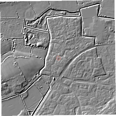 Shaded relief map of the ground around TA63SR, computed from Environment Agency LiDAR. The ground here sits at about 7 m above sea level and falls 6 m across the surrounding 800 m. Surface water reaching this point runs off ground lying to the east-south-east, 1.0 m higher.