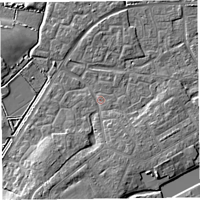 Shaded relief map of the ground around TA63SS, computed from Environment Agency LiDAR. The ground here sits at about 7 m above sea level and falls 8 m across the surrounding 800 m. Surface water reaching this point runs off ground lying to the south-south-west, 5.0 m higher.