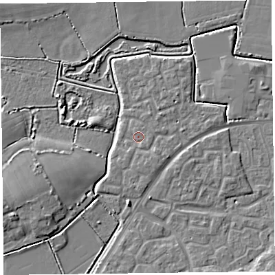 Shaded relief map of the ground around TA63ST, computed from Environment Agency LiDAR. The ground here sits at about 7 m above sea level and falls 6 m across the surrounding 800 m. Surface water reaching this point runs off ground lying to the south-south-east, 1.3 m higher.