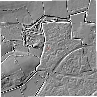 Shaded relief map of the ground around TA63SU, computed from Environment Agency LiDAR. The ground here sits at about 7 m above sea level and falls 6 m across the surrounding 800 m. Surface water reaching this point runs off ground lying to the south-east, 1.6 m higher.