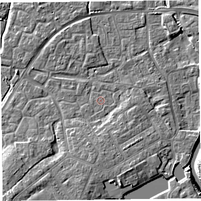 Shaded relief map of the ground around TA63SW, computed from Environment Agency LiDAR. The ground here sits at about 7 m above sea level and falls 11 m across the surrounding 800 m. The ground contributing surface water to this point lies to the south-south-west.