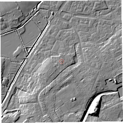 Shaded relief map of the ground around TA63SY, computed from Environment Agency LiDAR. The ground here sits at about 9 m above sea level and falls 15 m across the surrounding 800 m. Surface water reaching this point runs off ground lying to the south-west, 2.6 m higher.