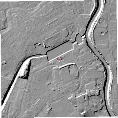 Shaded relief map of the ground around TA63TA, computed from Environment Agency LiDAR. The ground here sits at about 8 m above sea level and falls 18 m across the surrounding 800 m. Surface water reaching this point runs off ground lying to the west-south-west, 13.2 m higher.