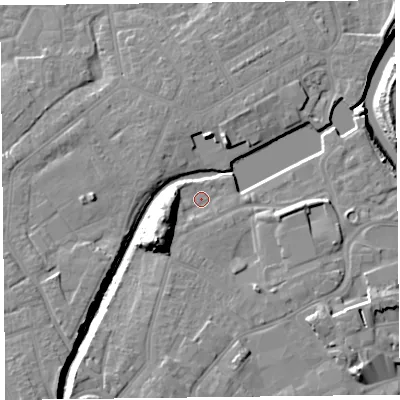 Shaded relief map of the ground around TA63TD, computed from Environment Agency LiDAR. The ground here sits at about 9 m above sea level and falls 18 m across the surrounding 800 m. Surface water reaching this point runs off ground lying to the south-west, 9.9 m higher.