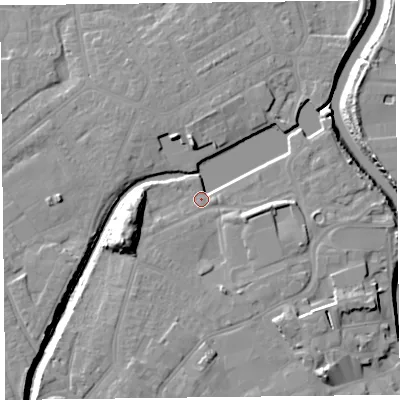 Shaded relief map of the ground around TA63TE, computed from Environment Agency LiDAR. The ground here sits at about 9 m above sea level and falls 18 m across the surrounding 800 m. Surface water reaching this point runs off ground lying to the west-south-west, 13.2 m higher.