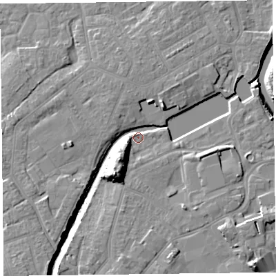Shaded relief map of the ground around TA63TF, computed from Environment Agency LiDAR. The ground here sits at about 9 m above sea level and falls 18 m across the surrounding 800 m. Surface water reaching this point runs off ground lying to the south-south-west, 13.4 m higher.