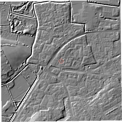 Shaded relief map of the ground around TA63TG, computed from Environment Agency LiDAR. The ground here sits at about 7 m above sea level and falls 6 m across the surrounding 800 m. Surface water reaching this point runs off ground lying to the north-north-east, 1.1 m higher.
