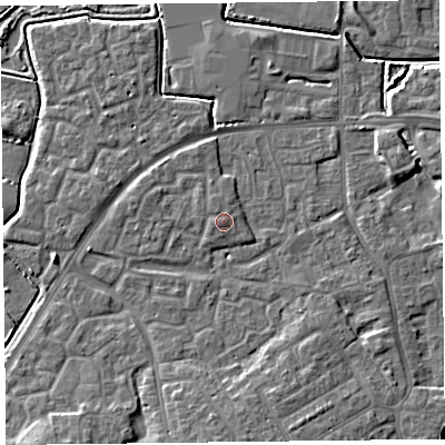 Shaded relief map of the ground around TA63TH, computed from Environment Agency LiDAR. The ground here sits at about 8 m above sea level and falls 8 m across the surrounding 800 m. Surface water reaching this point runs off ground lying to the west, 0.6 m higher.