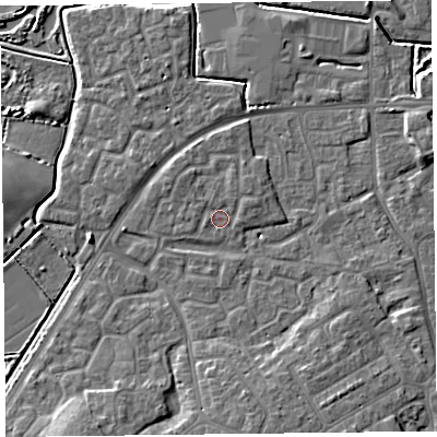 Shaded relief map of the ground around TA63TJ, computed from Environment Agency LiDAR. The ground here sits at about 7 m above sea level and falls 7 m across the surrounding 800 m. Surface water reaching this point runs off ground lying to the east-north-east, 1.2 m higher.