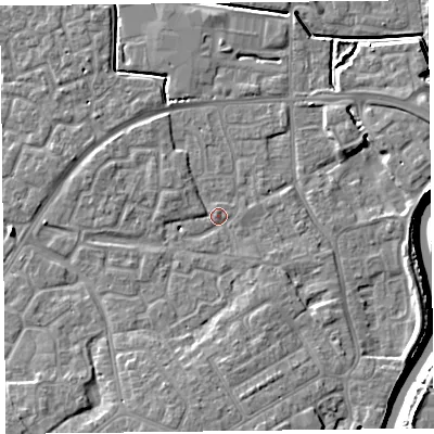 Shaded relief map of the ground around TA63TL, computed from Environment Agency LiDAR. The ground here sits at about 7 m above sea level and falls 9 m across the surrounding 800 m. Surface water reaching this point runs off ground lying to the south, 5.0 m higher.