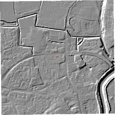 Shaded relief map of the ground around TA63TN, computed from Environment Agency LiDAR. The ground here sits at about 6 m above sea level and falls 10 m across the surrounding 800 m. Surface water reaching this point runs off ground lying to the east, 5.3 m higher.