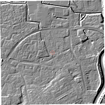 Shaded relief map of the ground around TA63TP, computed from Environment Agency LiDAR. The ground here sits at about 6 m above sea level and falls 9 m across the surrounding 800 m. Surface water reaching this point runs off ground lying to the south, 5.0 m higher.