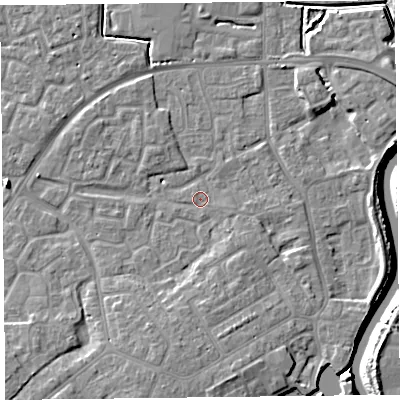 Shaded relief map of the ground around TA63TR, computed from Environment Agency LiDAR. The ground here sits at about 6 m above sea level and falls 9 m across the surrounding 800 m. Surface water reaching this point runs off ground lying to the west-south-west, 0.8 m higher.