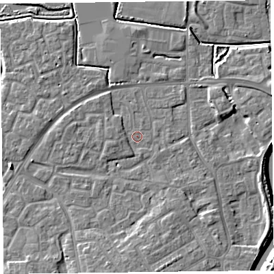 Shaded relief map of the ground around TA63TS, computed from Environment Agency LiDAR. The ground here sits at about 7 m above sea level and falls 9 m across the surrounding 800 m. Surface water reaching this point runs off ground lying to the south, 4.8 m higher.
