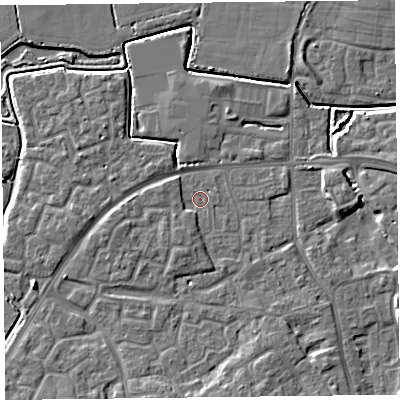 Shaded relief map of the ground around TA63TT, computed from Environment Agency LiDAR. The ground here sits at about 6 m above sea level and falls 6 m across the surrounding 800 m. Surface water reaching this point runs off ground lying to the south-south-east, 3.9 m higher.